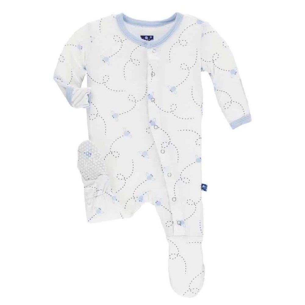 New Kickee Pants Footie Natural Flies Bee Blue Cream Ons… Spring